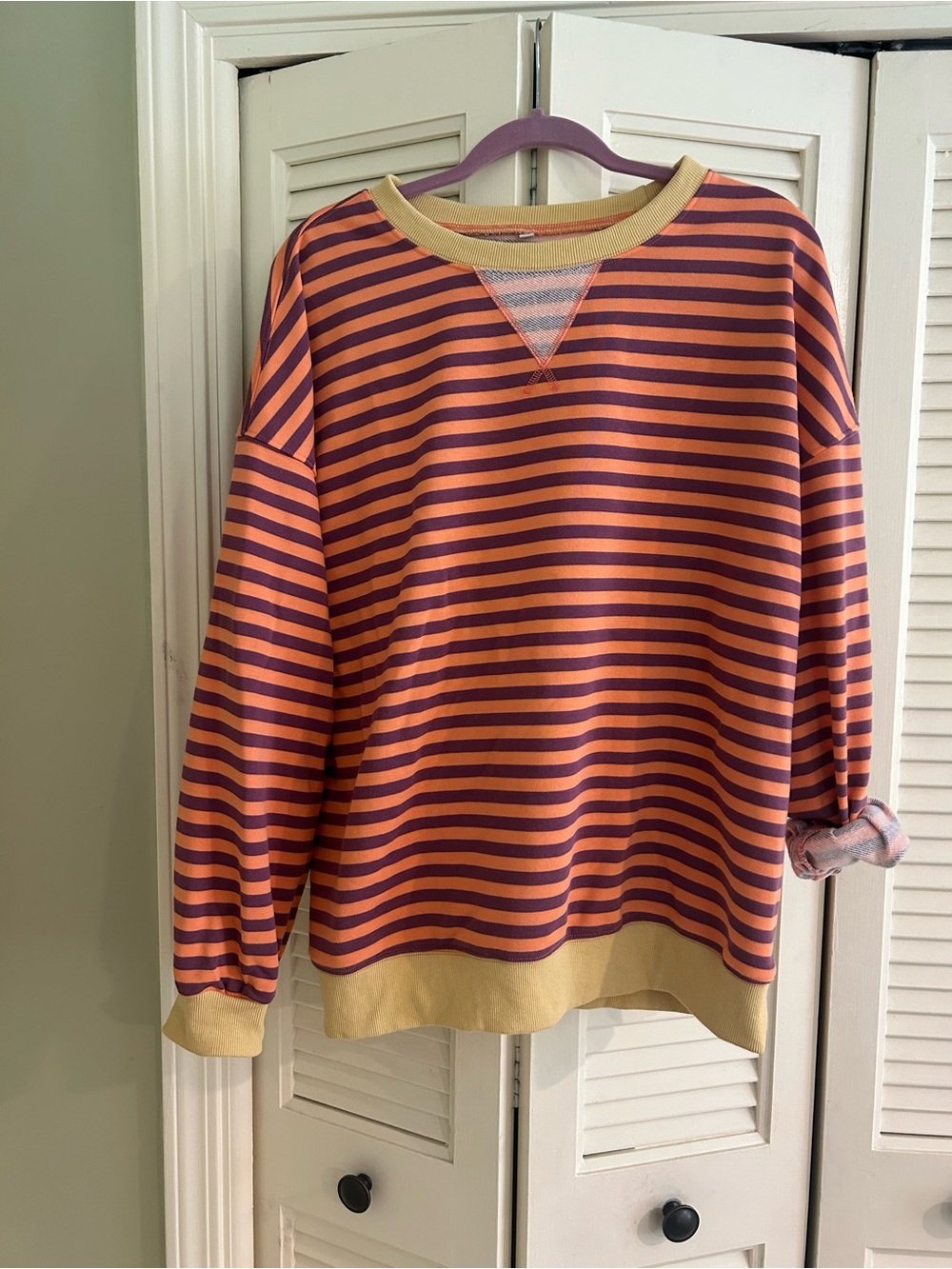 Amazon Striped Crewneck Sweater in Orange and Purple with Cream Trim